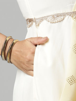 Off White Georgette Saree Dress With Printed Pallu