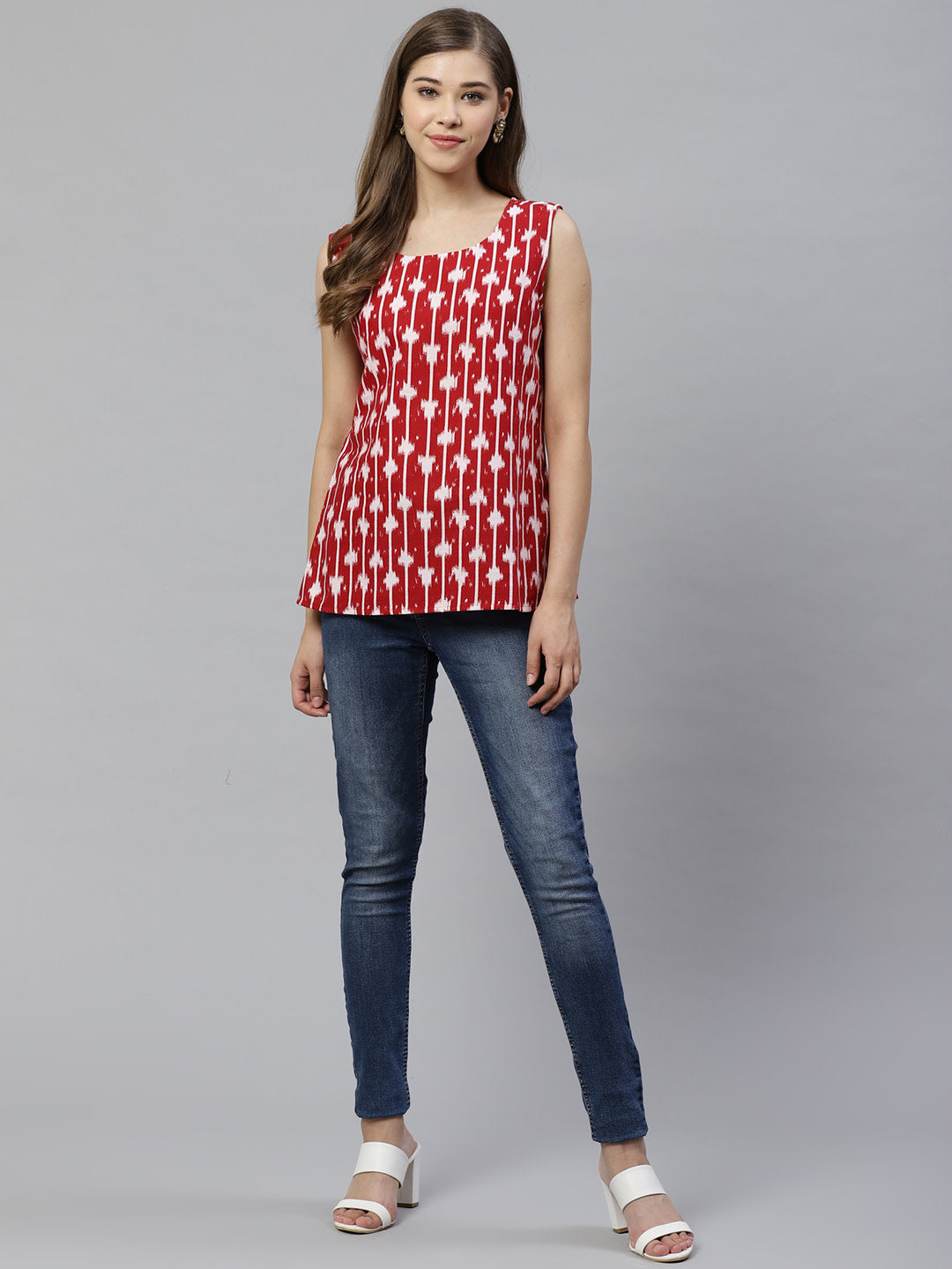 Red & White Printed Pure Cotton Top