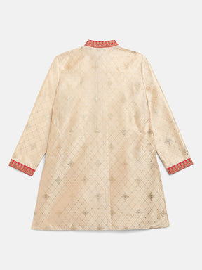 Boys Beige Poly Silk Gold Print Kids Kurta Churidar Set