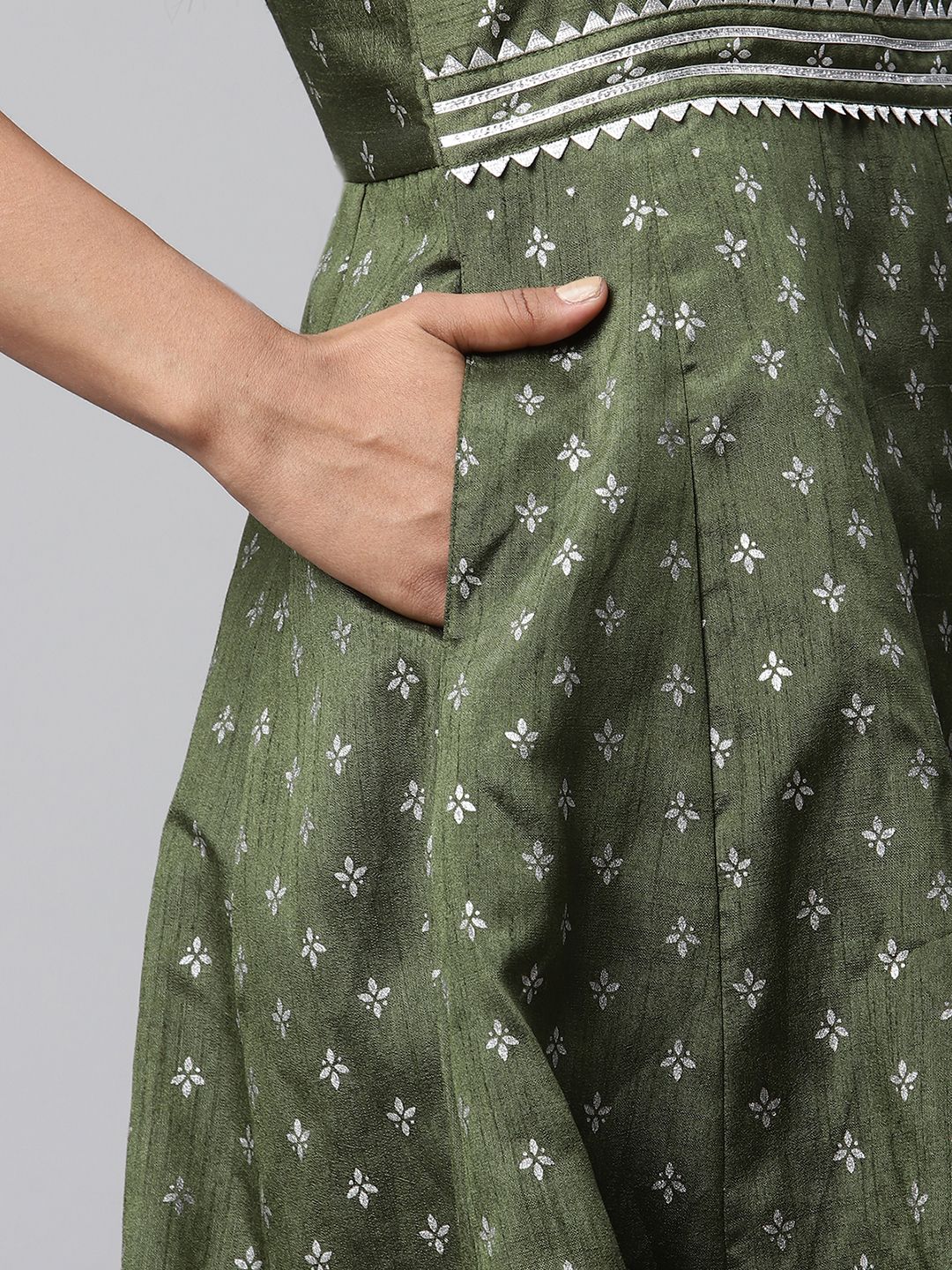 Olive Green Poly Silk Printed Dress