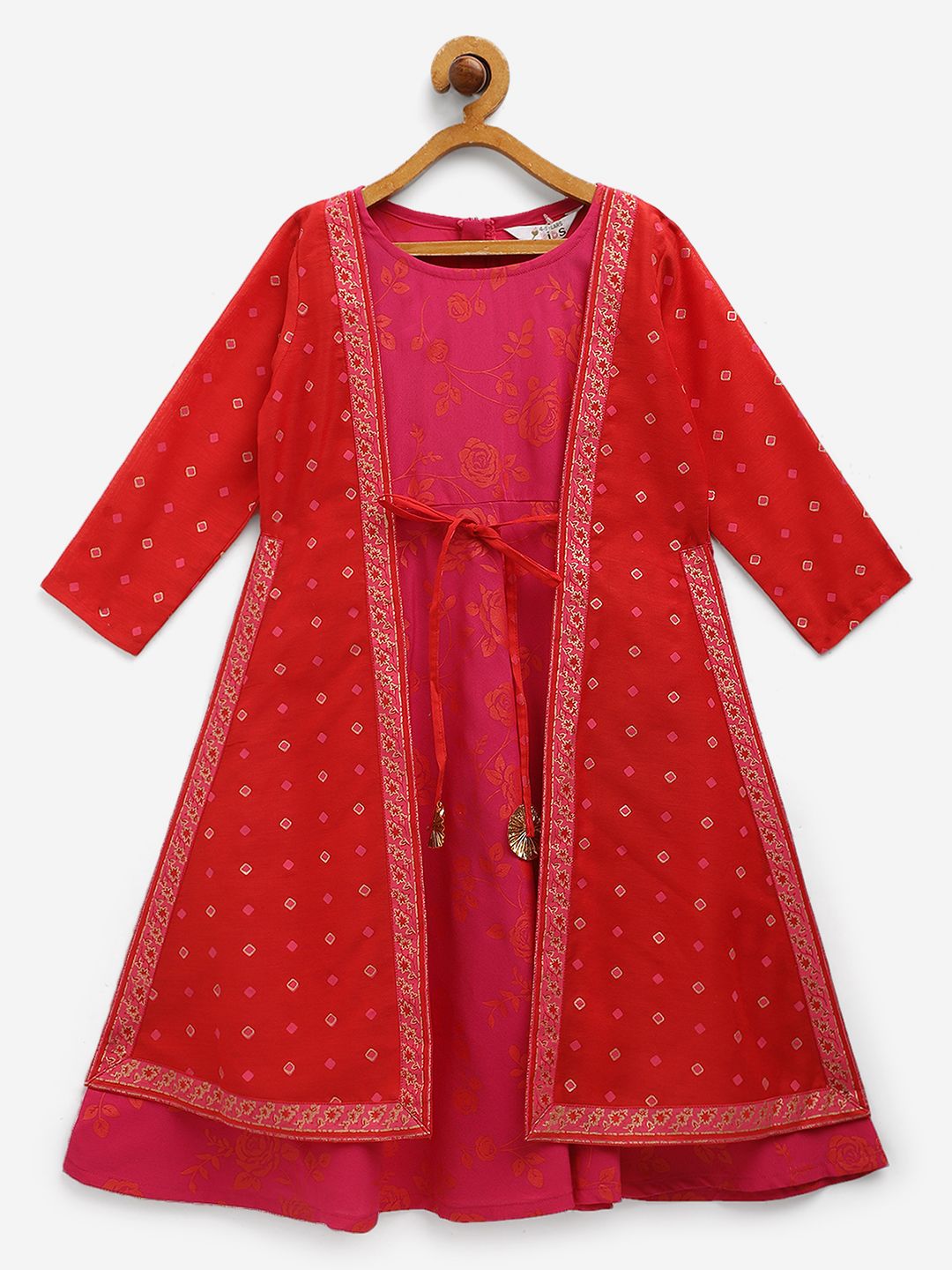 Ahalyaa Girls Dark Pink Crepe Printed kids Dress Attached Jacket