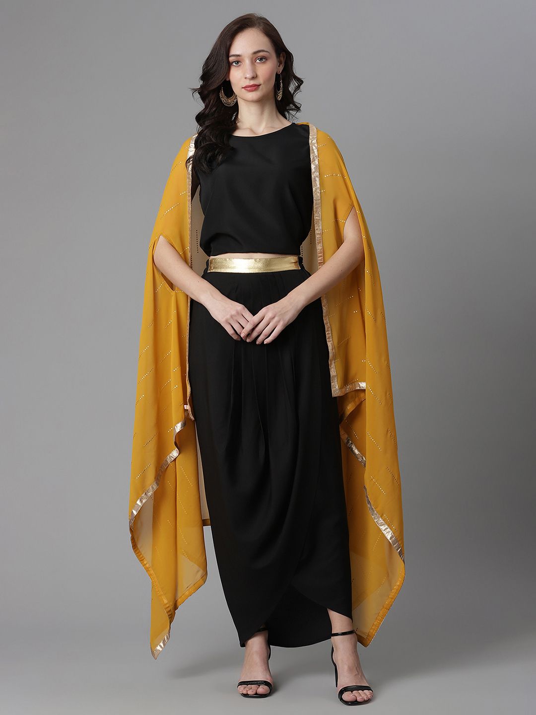 Ahalyaa Women's Black Crepe Top Skirt With Shrug