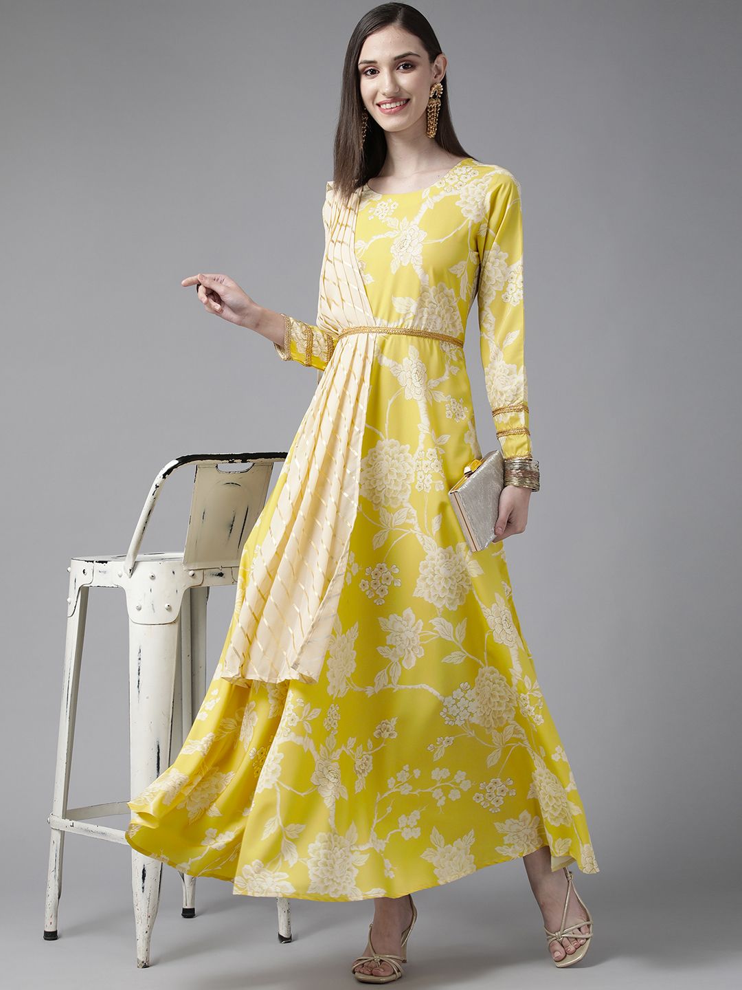 Yellow Digital Printed Draped Dress