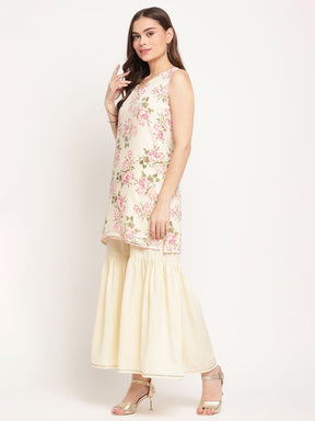 Women's Beige Digital Floral Print Sharara Set with Dupatta
