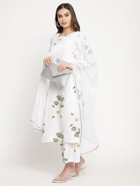 White Digital Print Kurta Palazzo Set With Dupatta