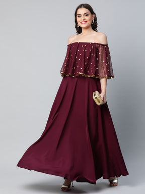 Burgundy & Gold Net Printed Dress