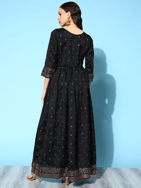 Black Poly Silk Printed Dress