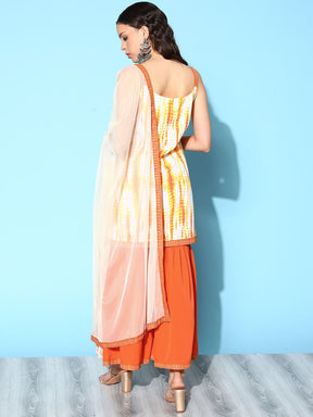 Women's Orange Printed Sharara Set With Dupatta