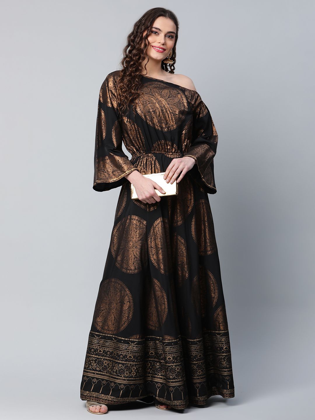 Ahalyaa Womens Black Crepe Copper Foil Printed Maxi Dress