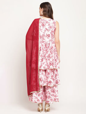 Women's White Rayon Digital Floral Print Sharara Set with Dupatta