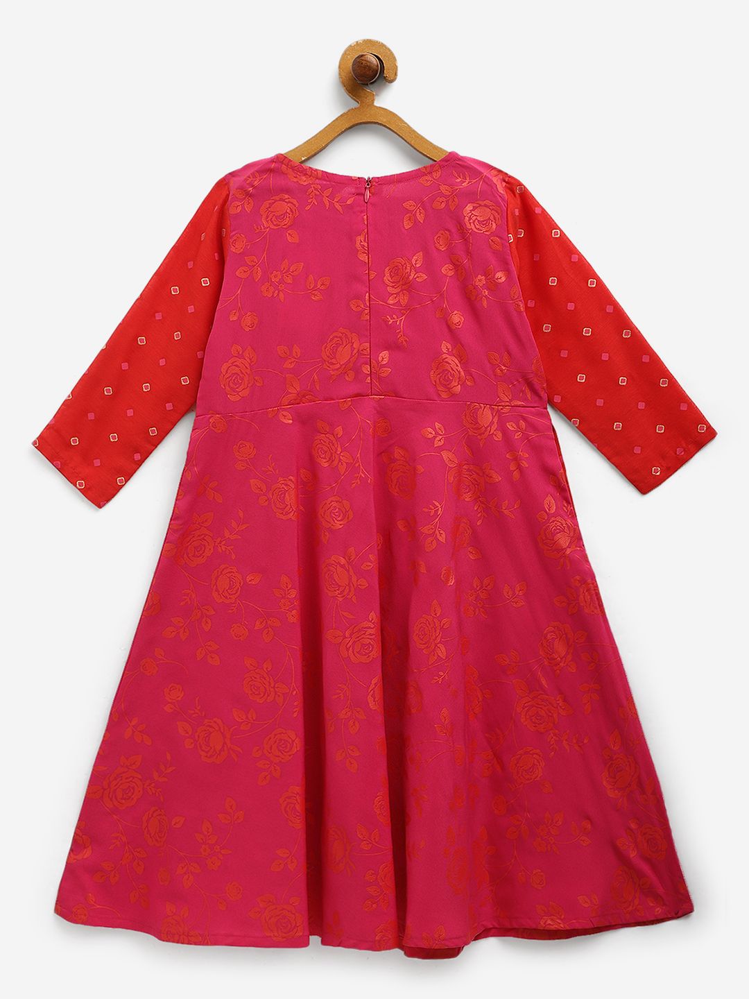 Dark Pink Crepe Printed Girls Dress with Attached Jacket