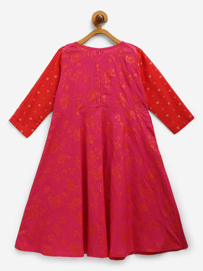 Dark Pink Crepe Printed Girls Dress with Attached Jacket