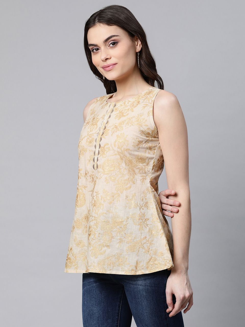 Beige & Gold Cotton Printed Tunic
