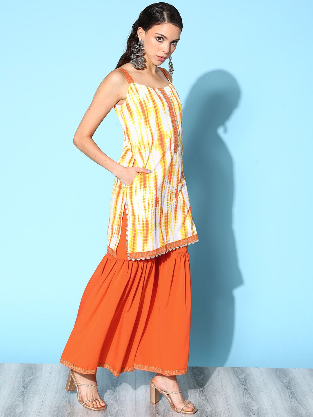 Women's Orange Printed Sharara Set With Dupatta