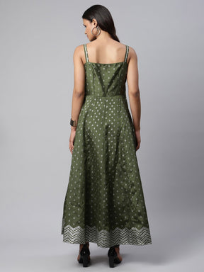 Olive Green Poly Silk Printed Dress