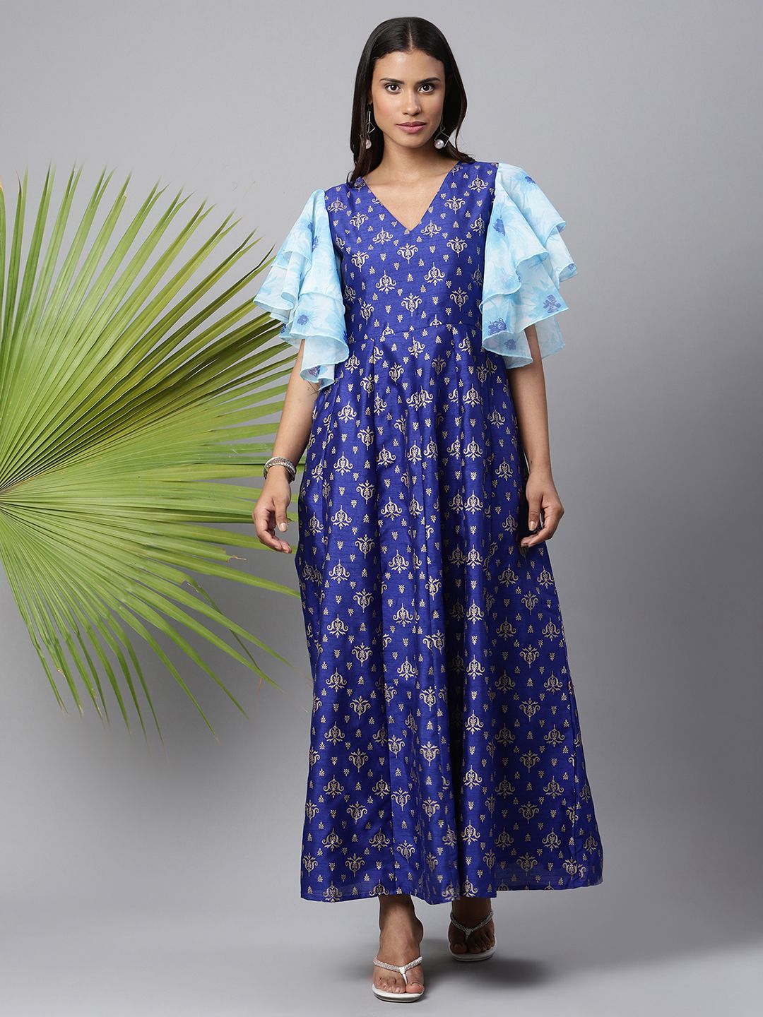 Ahalyaa Women Royal Blue Poly Silk Gold Paste Printed Dress