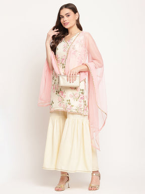 Women's Beige Digital Floral Print Sharara Set with Dupatta