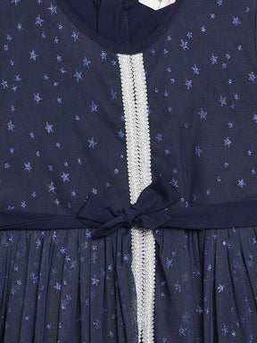 Navy Blue Net Foil Print Girls Dress