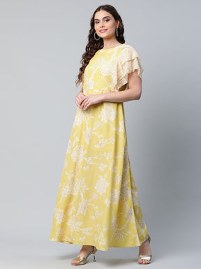Lemon Yellow Crepe Floral Dress