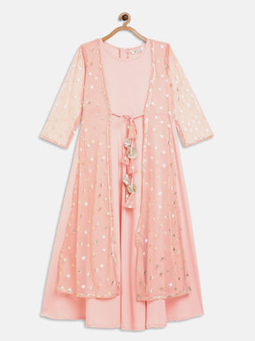 Pink Crepe & Net Foil Print Girls Dress
