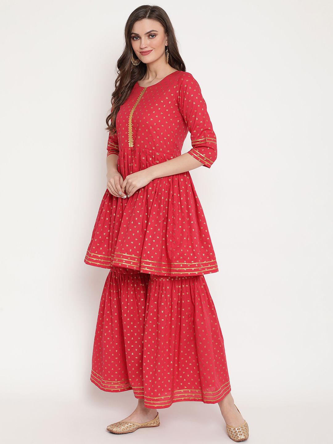 Women's Red Pure Cotton Gold Print Sharara Set