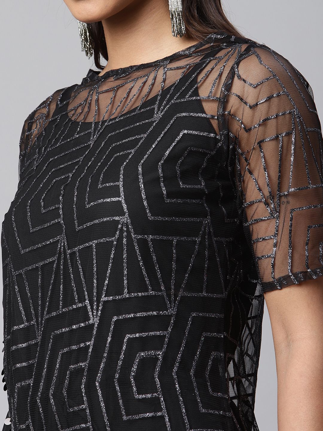 Black Crepe & Net Glitter Print Jumpsuit