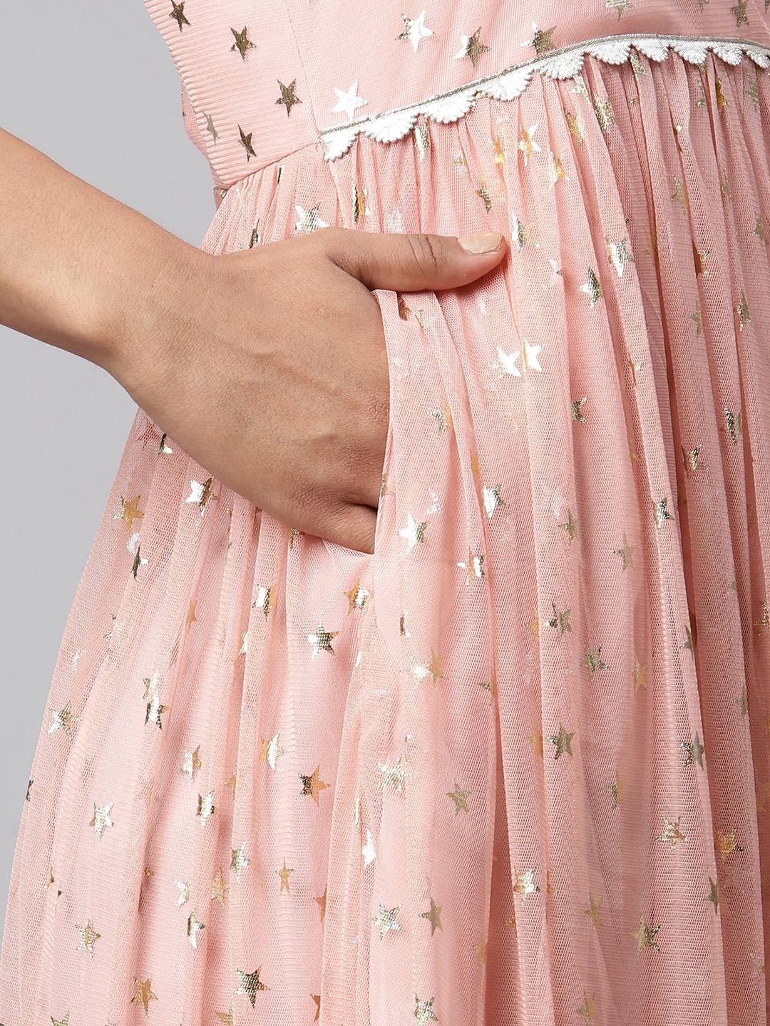 Pink Net Gold Foil Print Dress