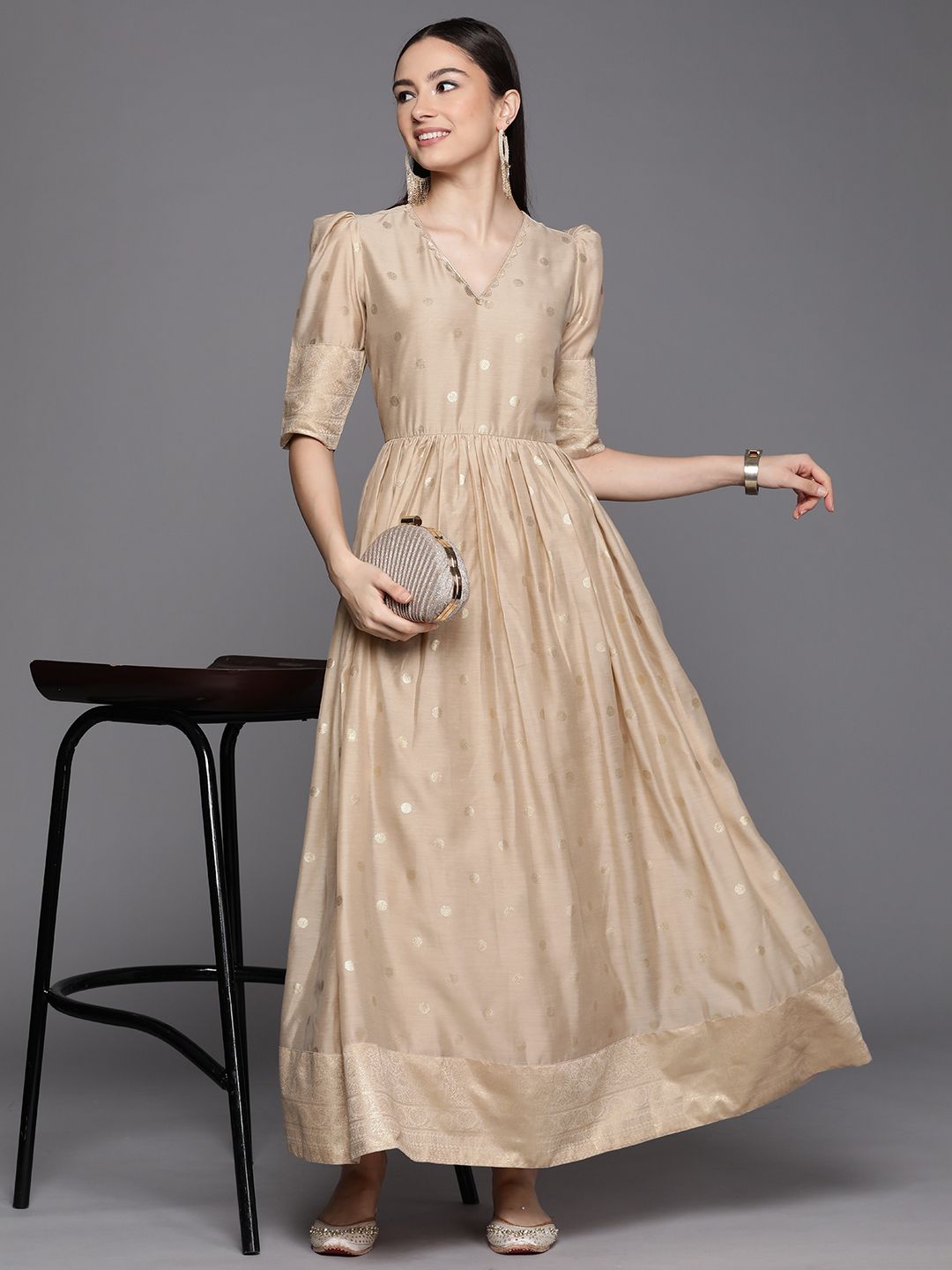 Beige Chanderi Gold Foil Print Dress