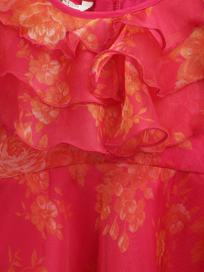 Pink Organza Digital Print Girls Dress