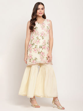 Women's Beige Digital Floral Print Sharara Set with Dupatta