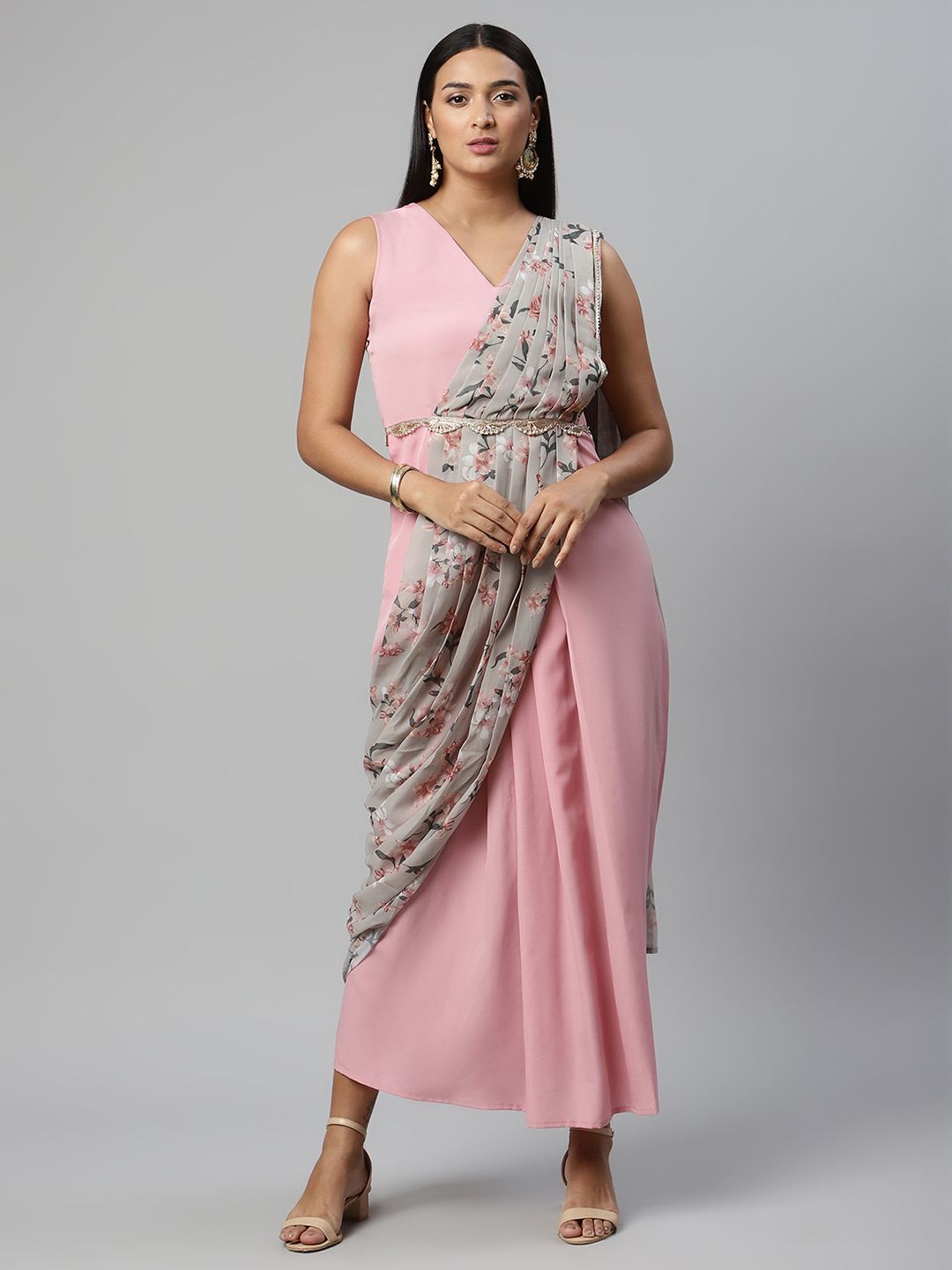 Baby Pink Georgette Saree Dress With Printed Pallu