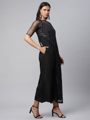Black Crepe & Net Glitter Print Jumpsuit