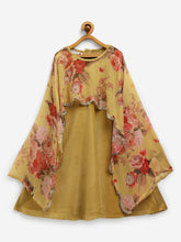 Mustard Floral Printed Velvet Girls Dress With Attached Dupatta