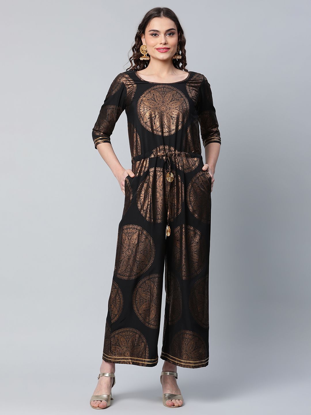 Ahalyaa Womens Black Crepe Copper Foil Printed Jumpsuit