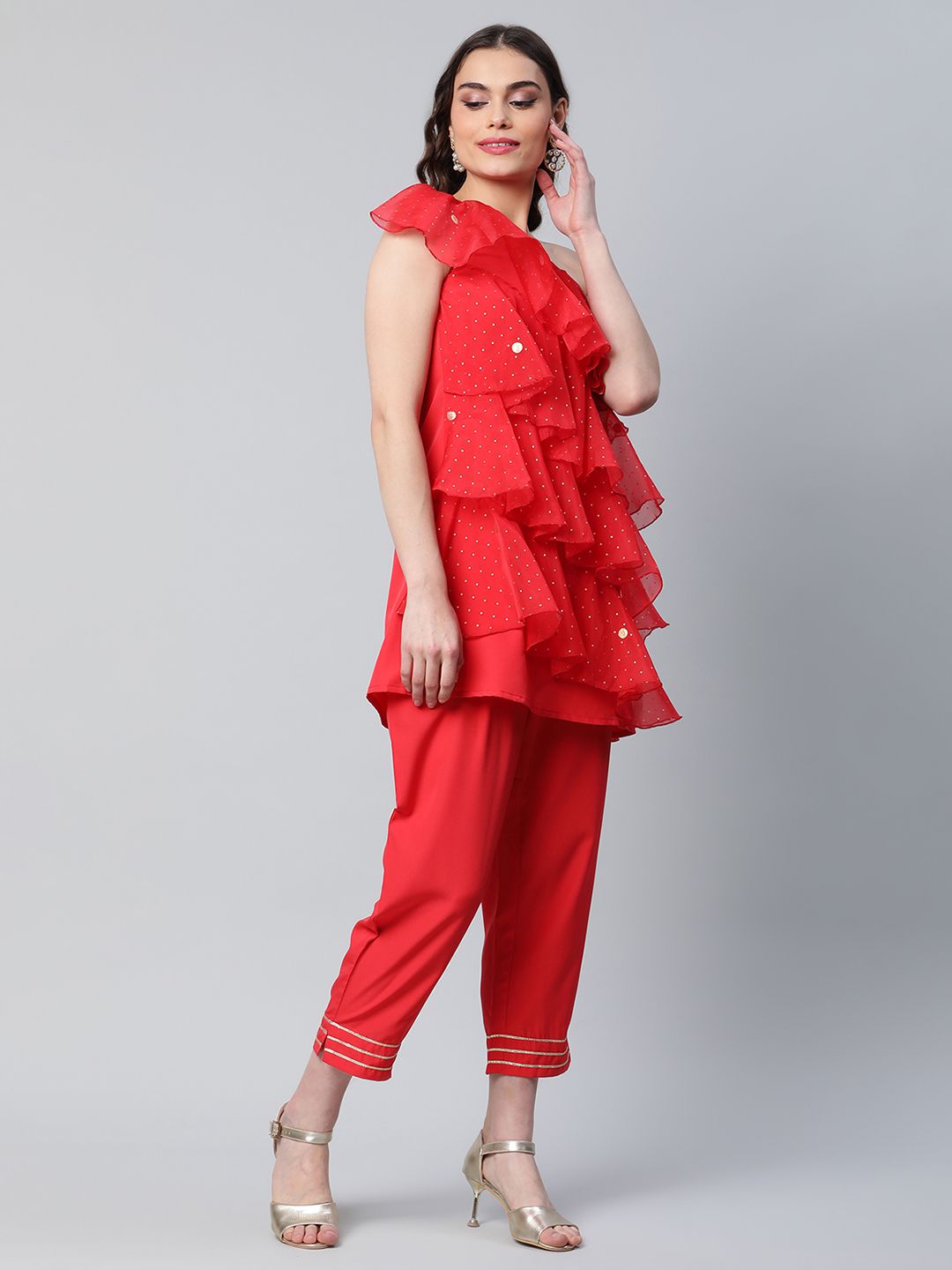 Red Printed Layered Organza Top with Trousers