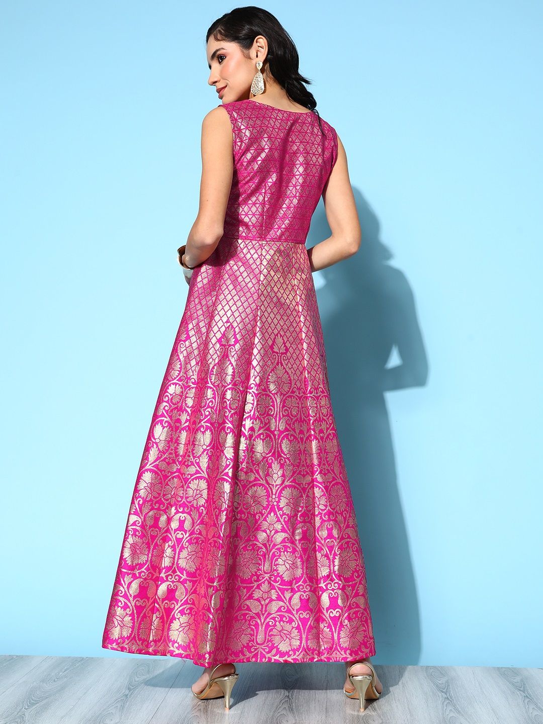 Pink Poly Silk Gold Foil Printed Dress