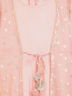 Pink Crepe & Net Foil Print Girls Dress