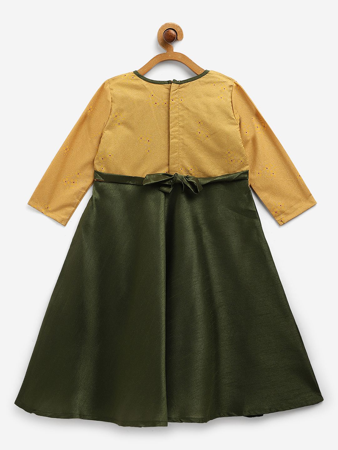 Green Poly Silk Solid Girls Dress With Printed Jacket