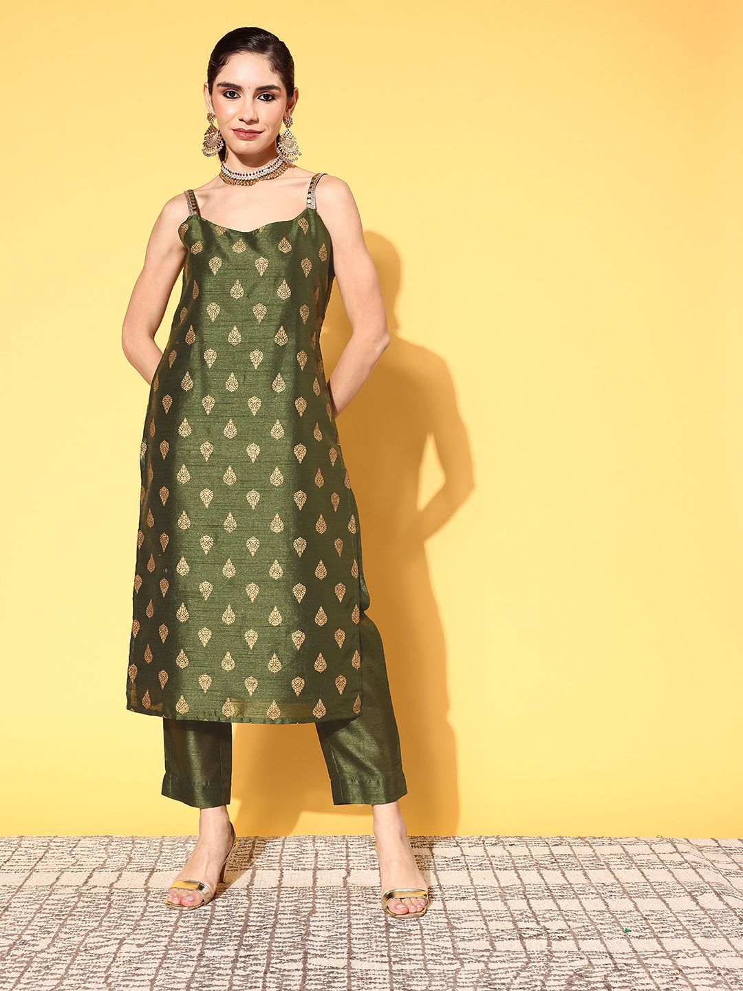 Ahalyaa Women's Olive Colour Poly Silk Gold Printed Kurta Pant Set