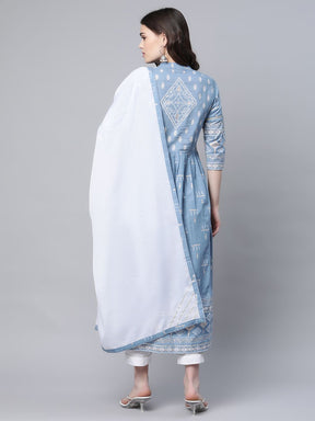 Pastel Blue Pure Cotton Printed Kurta Pant Set With Dupatta