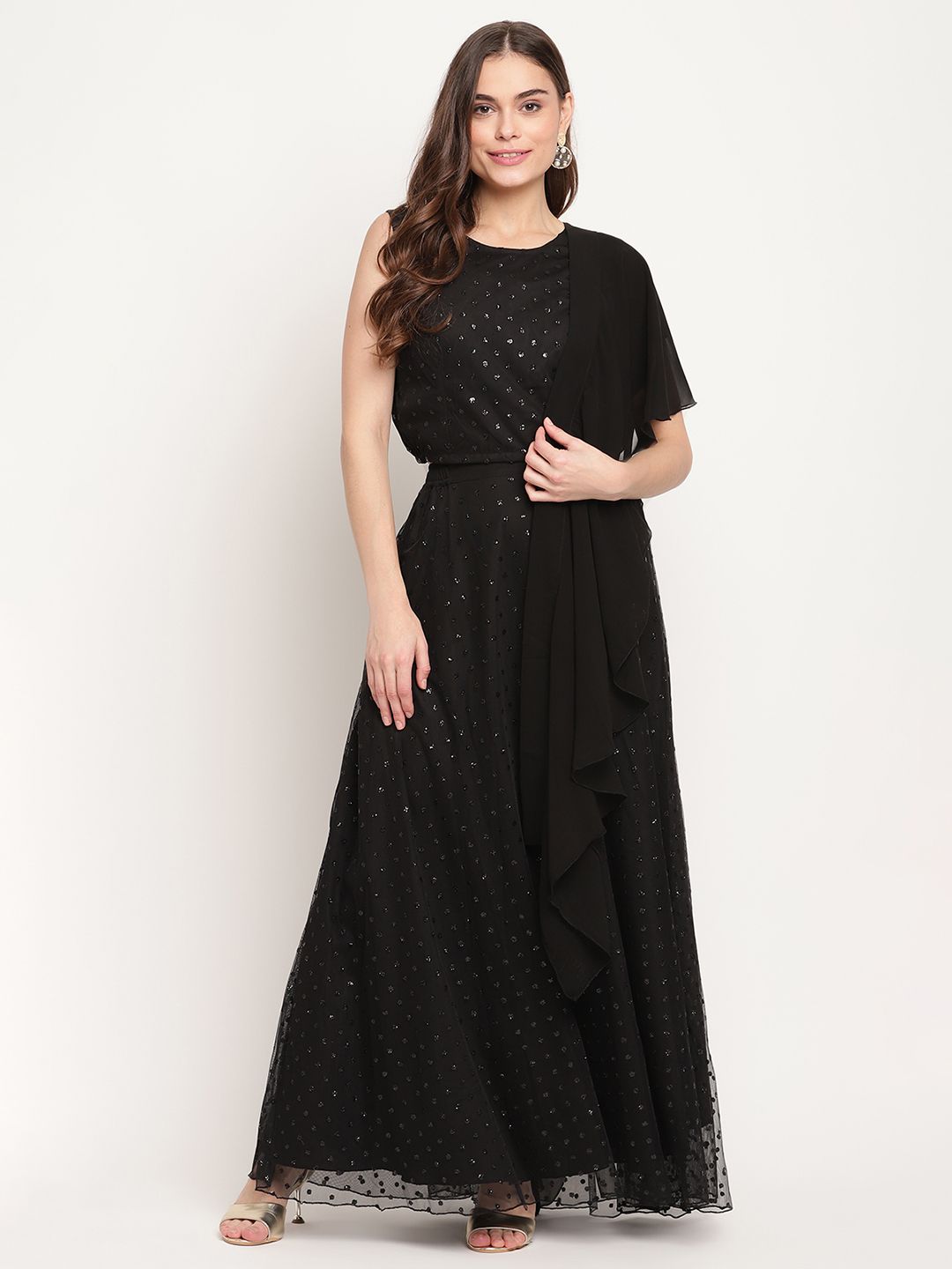 Black Net Glitter Print Top Skirt Set With Dupatta